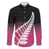 Pink Silver Fern Spirit Taniko Tukutuku Personalised Family Matching Mermaid Dress and Hawaiian Shirt LT9 Dad's Shirt - Long Sleeve Pink - Polynesian Pride