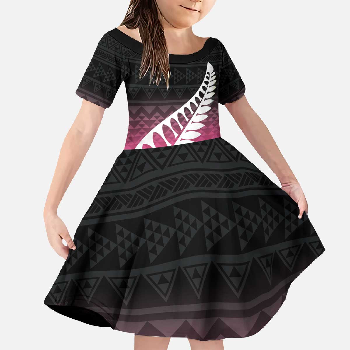 Pink Silver Fern Spirit Taniko Tukutuku Personalised Family Matching Off The Shoulder Long Sleeve Dress and Hawaiian Shirt LT9 Daughter's Dress Pink - Polynesian Pride