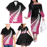Pink Silver Fern Spirit Taniko Tukutuku Personalised Family Matching Off The Shoulder Long Sleeve Dress and Hawaiian Shirt LT9 - Polynesian Pride