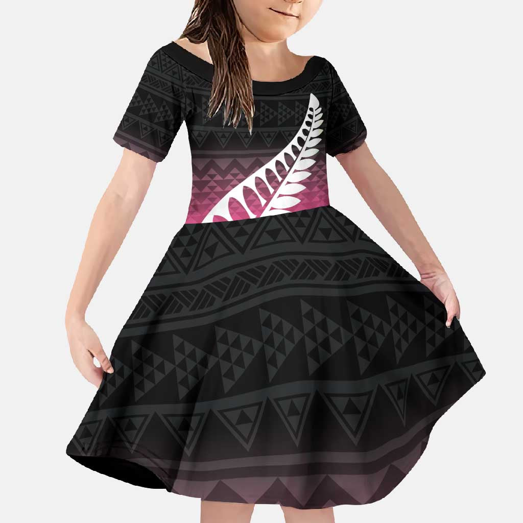 Pink Silver Fern Spirit Taniko Tukutuku Personalised Family Matching Off Shoulder Maxi Dress and Hawaiian Shirt
