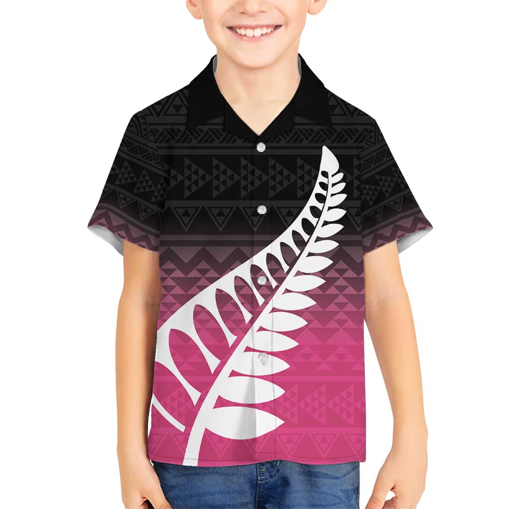 Pink Silver Fern Spirit Taniko Tukutuku Personalised Family Matching Off Shoulder Maxi Dress and Hawaiian Shirt