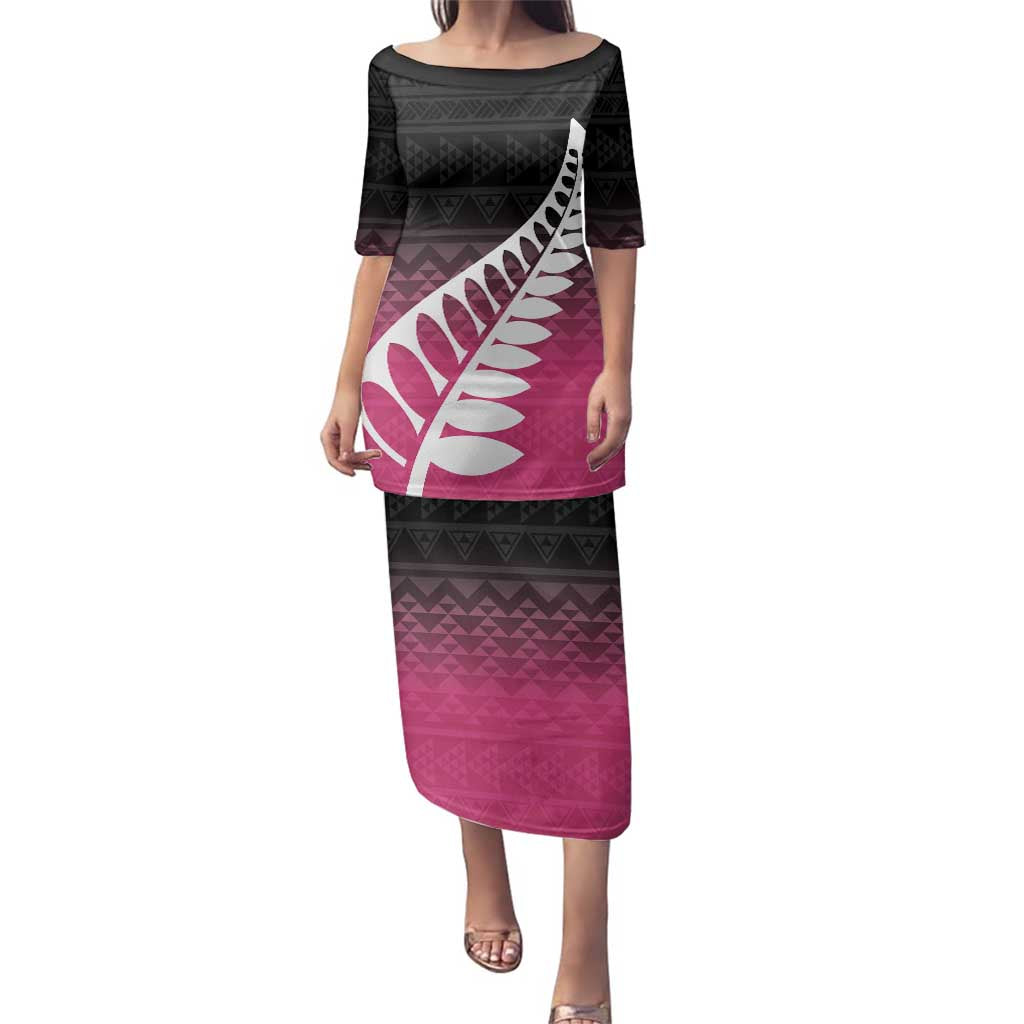 Pink Silver Fern Spirit Taniko Tukutuku Personalised Family Matching Puletasi and Hawaiian Shirt LT9 Mom's Dress Pink - Polynesian Pride