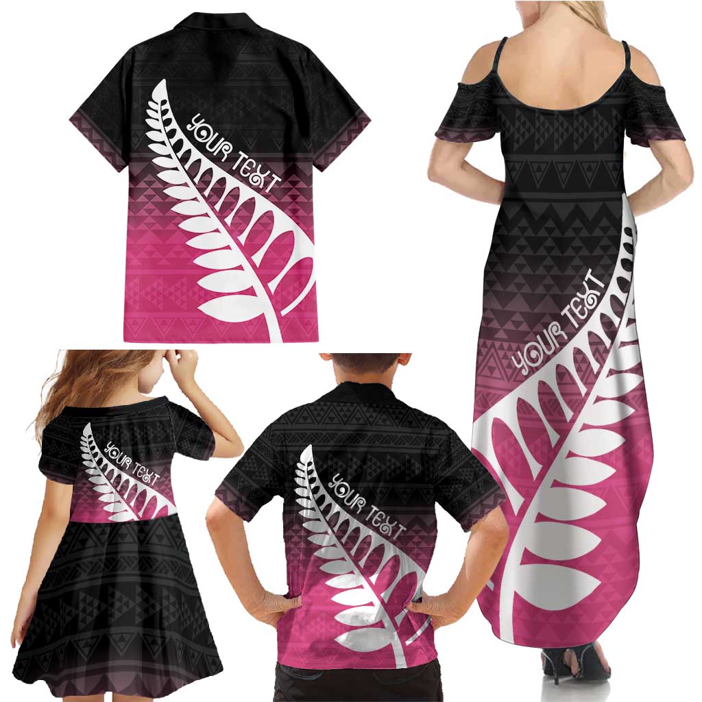 Pink Silver Fern Spirit Taniko Tukutuku Personalised Family Matching Summer Maxi Dress and Hawaiian Shirt
