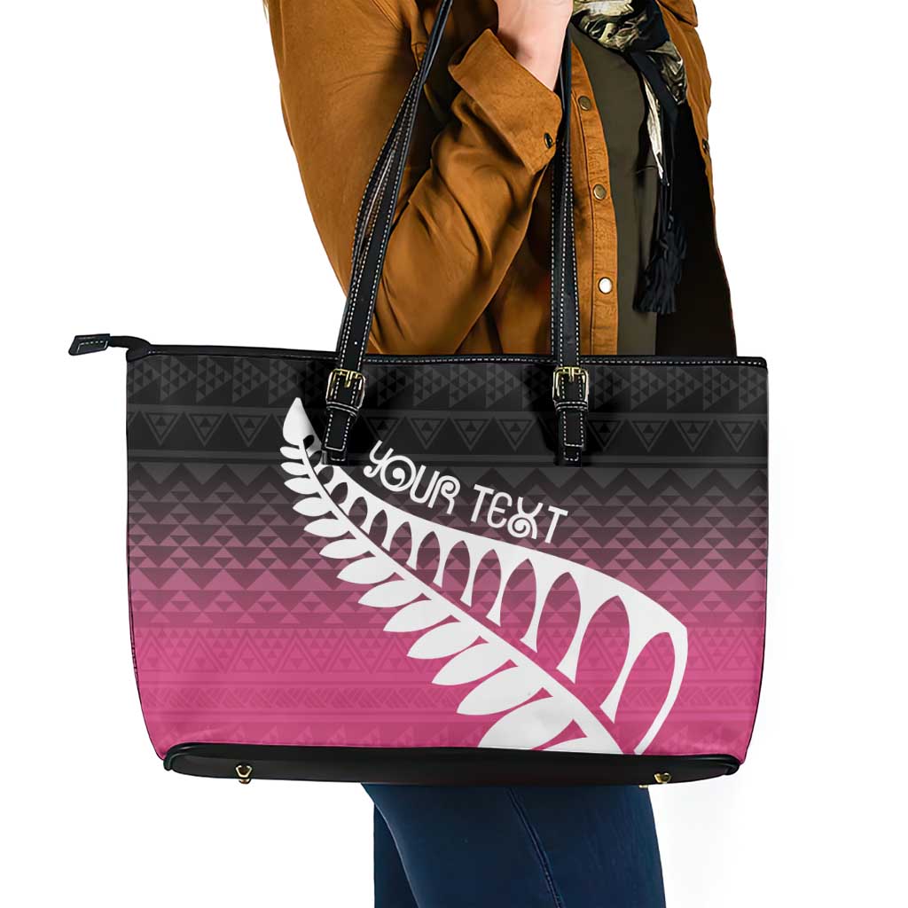 Pink Silver Fern Spirit Taniko Tukutuku Personalised Leather Tote Bag
