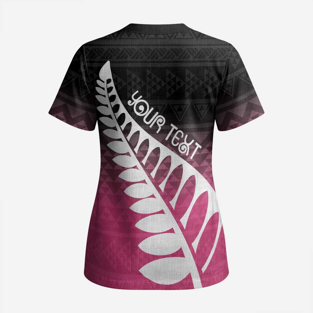 Pink Silver Fern Spirit Taniko Tukutuku Personalised Scrub Top - Polynesian Pride