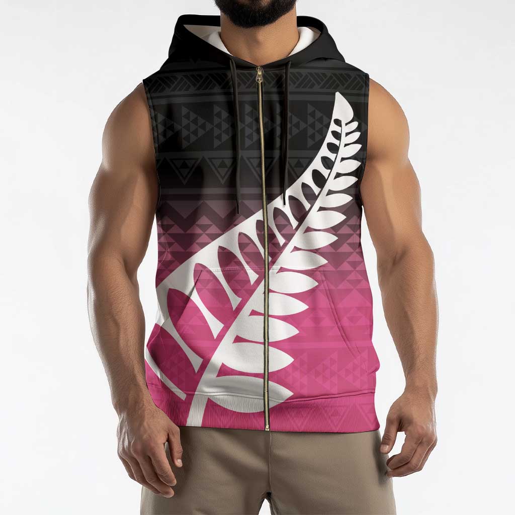 Pink Silver Fern Spirit Taniko Tukutuku Personalised Sleeveless Zip Hoodie - Polynesian Pride