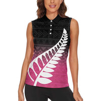 Pink Silver Fern Spirit Taniko Tukutuku Personalised Women Sleeveless Polo Shirt LT9 - Polynesian Pride
