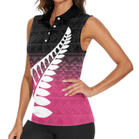 Pink Silver Fern Spirit Taniko Tukutuku Personalised Women Sleeveless Polo Shirt LT9 - Polynesian Pride