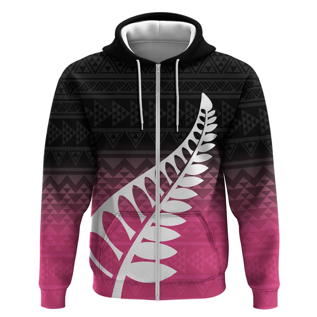 Pink Silver Fern Spirit Taniko Tukutuku Personalised Zip Hoodie LT9 Zip Hoodie Pink - Polynesian Pride