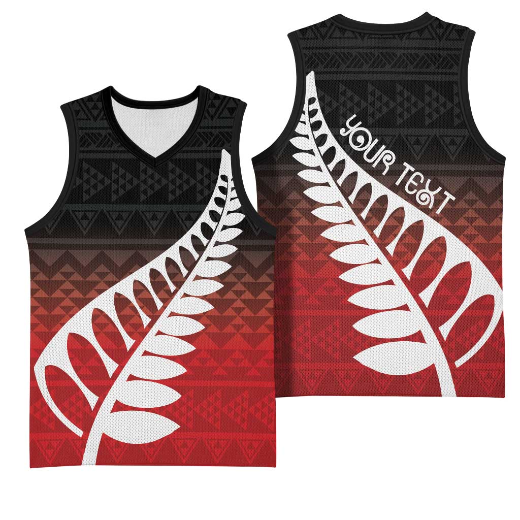 Red Silver Fern Spirit Taniko Tukutuku Personalised Basketball Jersey - Polynesian Pride