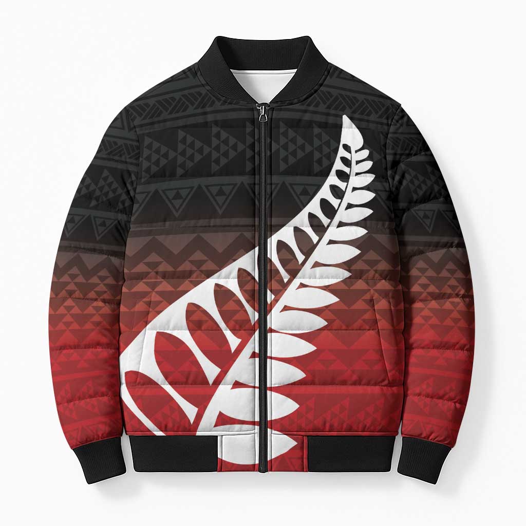 Red Silver Fern Spirit Taniko Tukutuku Personalised Bomber Puffer Jacket - Polynesian Pride