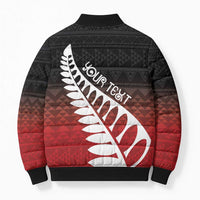 Red Silver Fern Spirit Taniko Tukutuku Personalised Bomber Puffer Jacket - Polynesian Pride