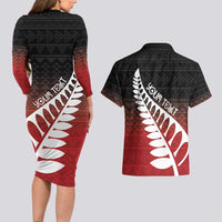 Red Silver Fern Spirit Taniko Tukutuku Personalised Couples Matching Long Sleeve Bodycon Dress and Hawaiian Shirt