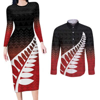 Red Silver Fern Spirit Taniko Tukutuku Personalised Couples Matching Long Sleeve Bodycon Dress and Long Sleeve Button Shirt LT9 Red - Polynesian Pride