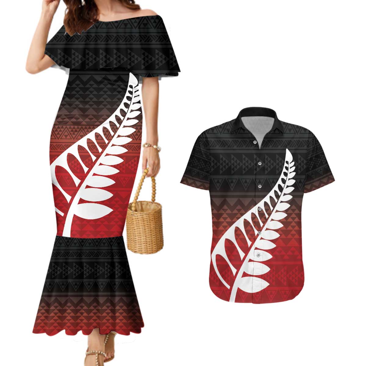 Red Silver Fern Spirit Taniko Tukutuku Personalised Couples Matching Mermaid Dress and Hawaiian Shirt
