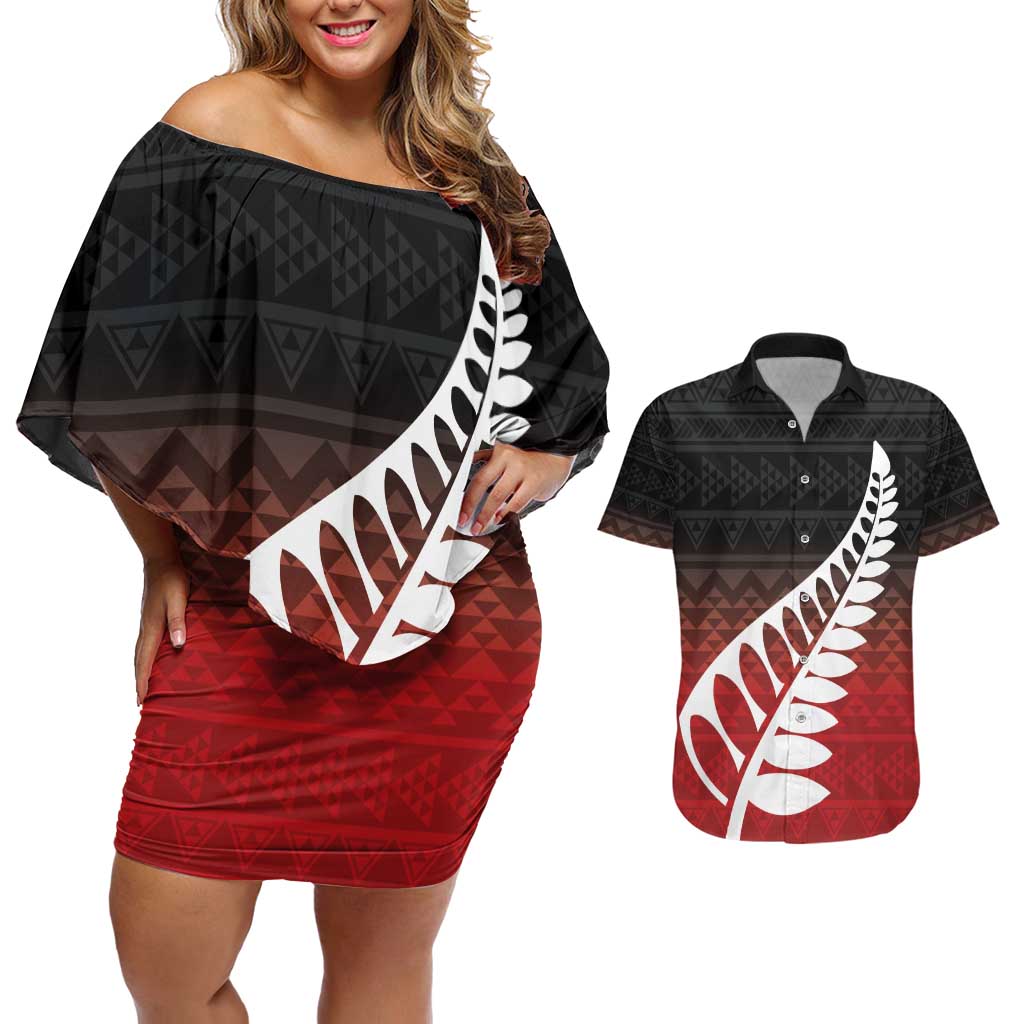 Red Silver Fern Spirit Taniko Tukutuku Personalised Couples Matching Off Shoulder Short Dress and Hawaiian Shirt