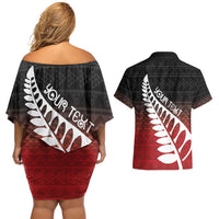 Red Silver Fern Spirit Taniko Tukutuku Personalised Couples Matching Off Shoulder Short Dress and Hawaiian Shirt
