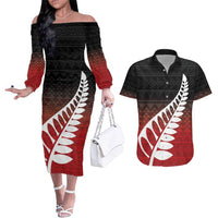 Red Silver Fern Spirit Taniko Tukutuku Personalised Couples Matching Off The Shoulder Long Sleeve Dress and Hawaiian Shirt
