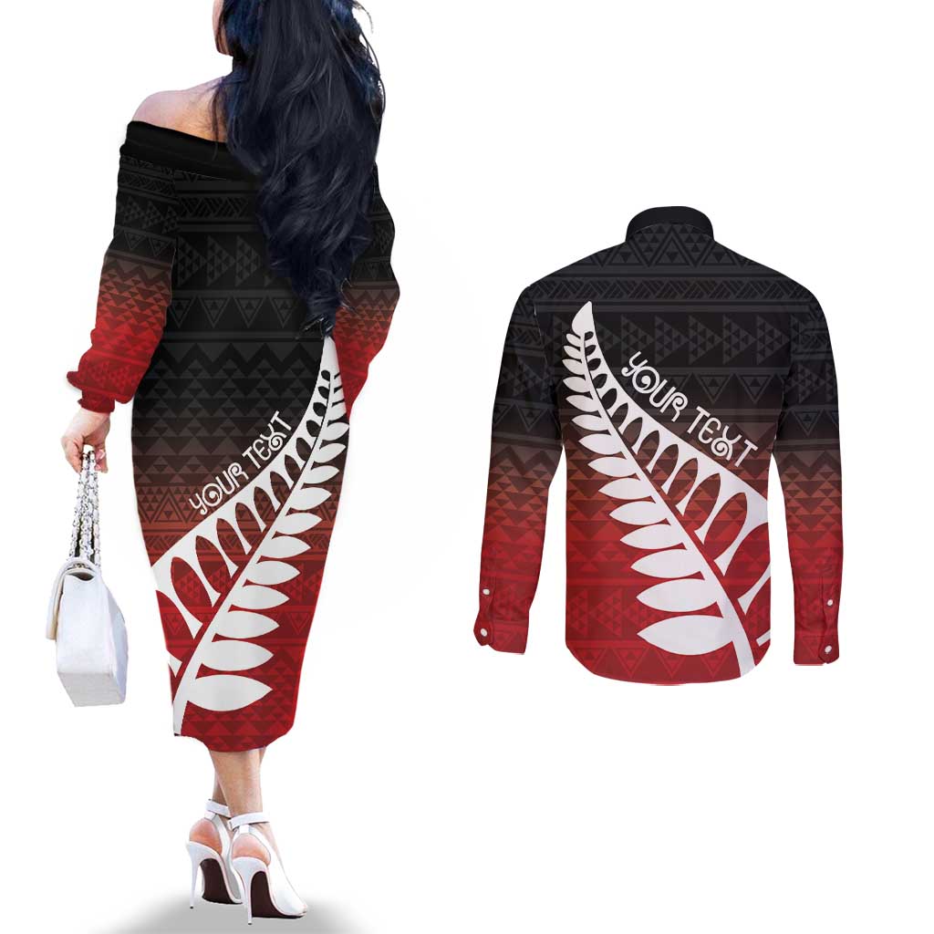 Red Silver Fern Spirit Taniko Tukutuku Personalised Couples Matching Off The Shoulder Long Sleeve Dress and Long Sleeve Button Shirt LT9 - Polynesian Pride