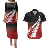 Red Silver Fern Spirit Taniko Tukutuku Personalised Couples Matching Puletasi and Hawaiian Shirt