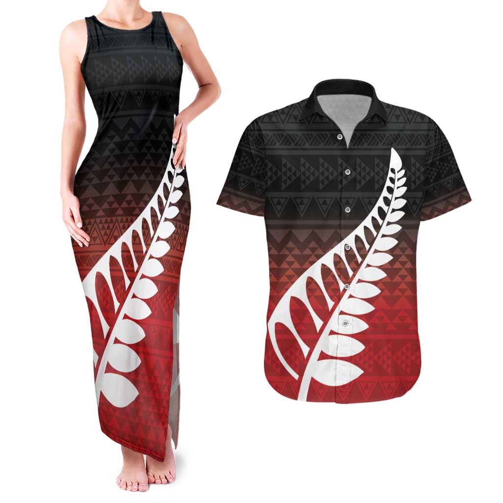 Red Silver Fern Spirit Taniko Tukutuku Personalised Couples Matching Tank Maxi Dress and Hawaiian Shirt