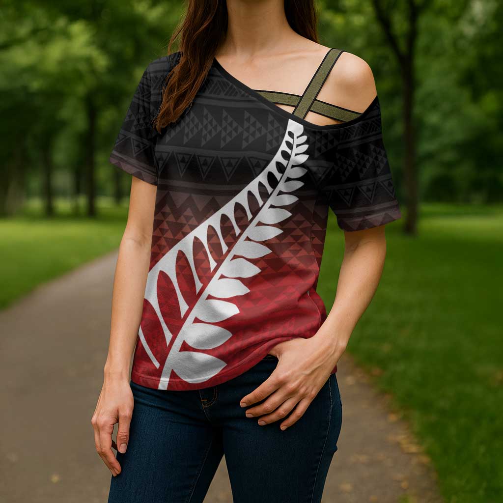 Red Silver Fern Spirit Taniko Tukutuku Personalised Cross Shoulder Shirt - Polynesian Pride