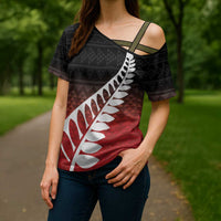 Red Silver Fern Spirit Taniko Tukutuku Personalised Cross Shoulder Shirt - Polynesian Pride