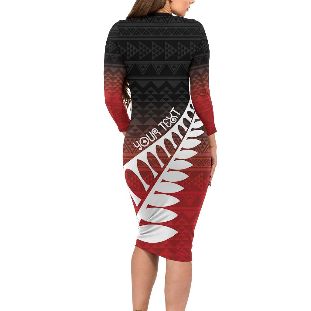 Red Silver Fern Spirit Taniko Tukutuku Personalised Family Matching Long Sleeve Bodycon Dress and Hawaiian Shirt LT9 - Polynesian Pride