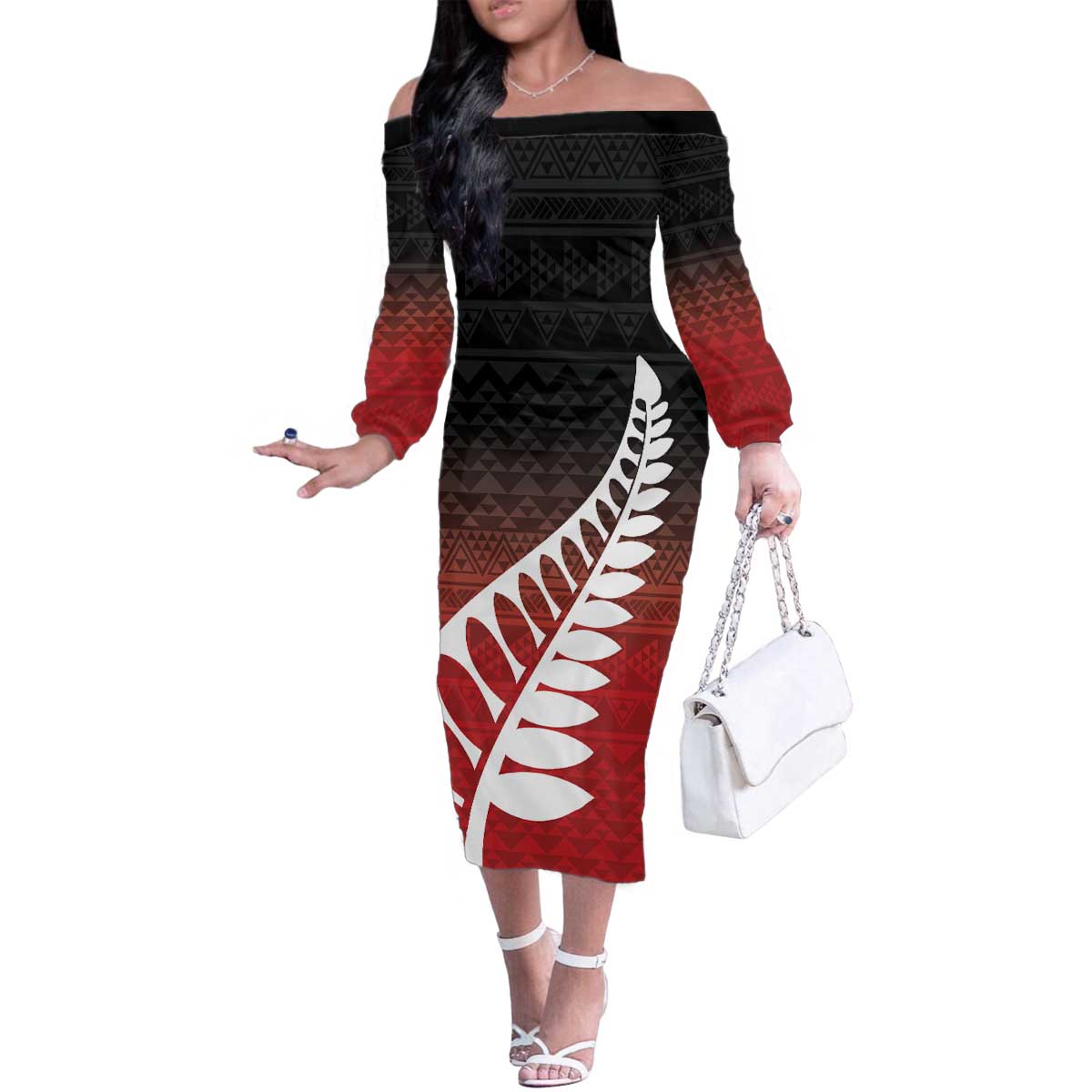 Red Silver Fern Spirit Taniko Tukutuku Personalised Family Matching Off The Shoulder Long Sleeve Dress and Hawaiian Shirt LT9 Mom's Dress Red - Polynesian Pride