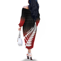 Red Silver Fern Spirit Taniko Tukutuku Personalised Family Matching Off The Shoulder Long Sleeve Dress and Hawaiian Shirt LT9 - Polynesian Pride