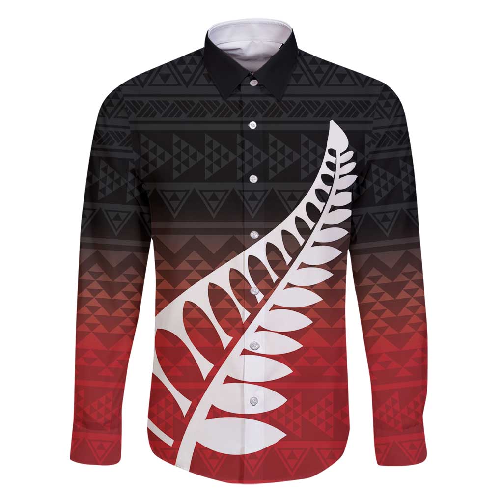 Red Silver Fern Spirit Taniko Tukutuku Personalised Family Matching Puletasi and Hawaiian Shirt LT9 Dad's Shirt - Long Sleeve Red - Polynesian Pride