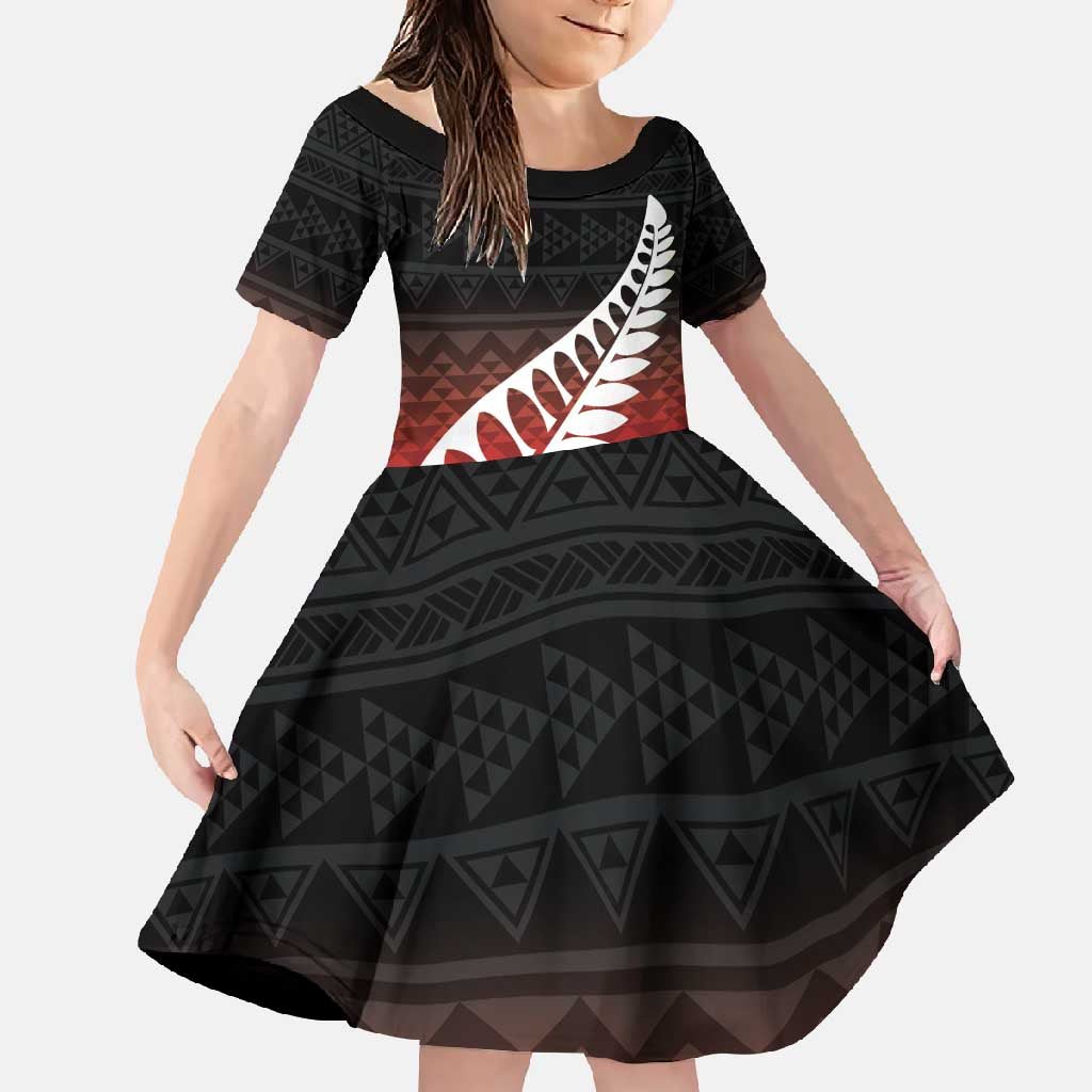 Red Silver Fern Spirit Taniko Tukutuku Personalised Family Matching Short Sleeve Bodycon Dress and Hawaiian Shirt LT9 Daughter's Dress Red - Polynesian Pride