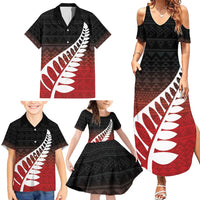 Red Silver Fern Spirit Taniko Tukutuku Personalised Family Matching Summer Maxi Dress and Hawaiian Shirt