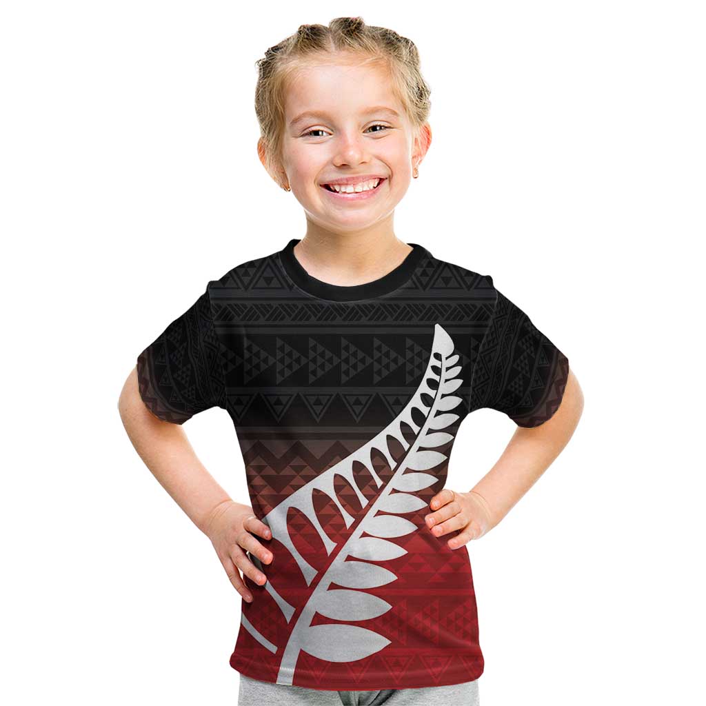 Red Silver Fern Spirit Taniko Tukutuku Personalised Kid T Shirt