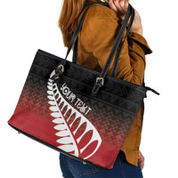 Red Silver Fern Spirit Taniko Tukutuku Personalised Leather Tote Bag
