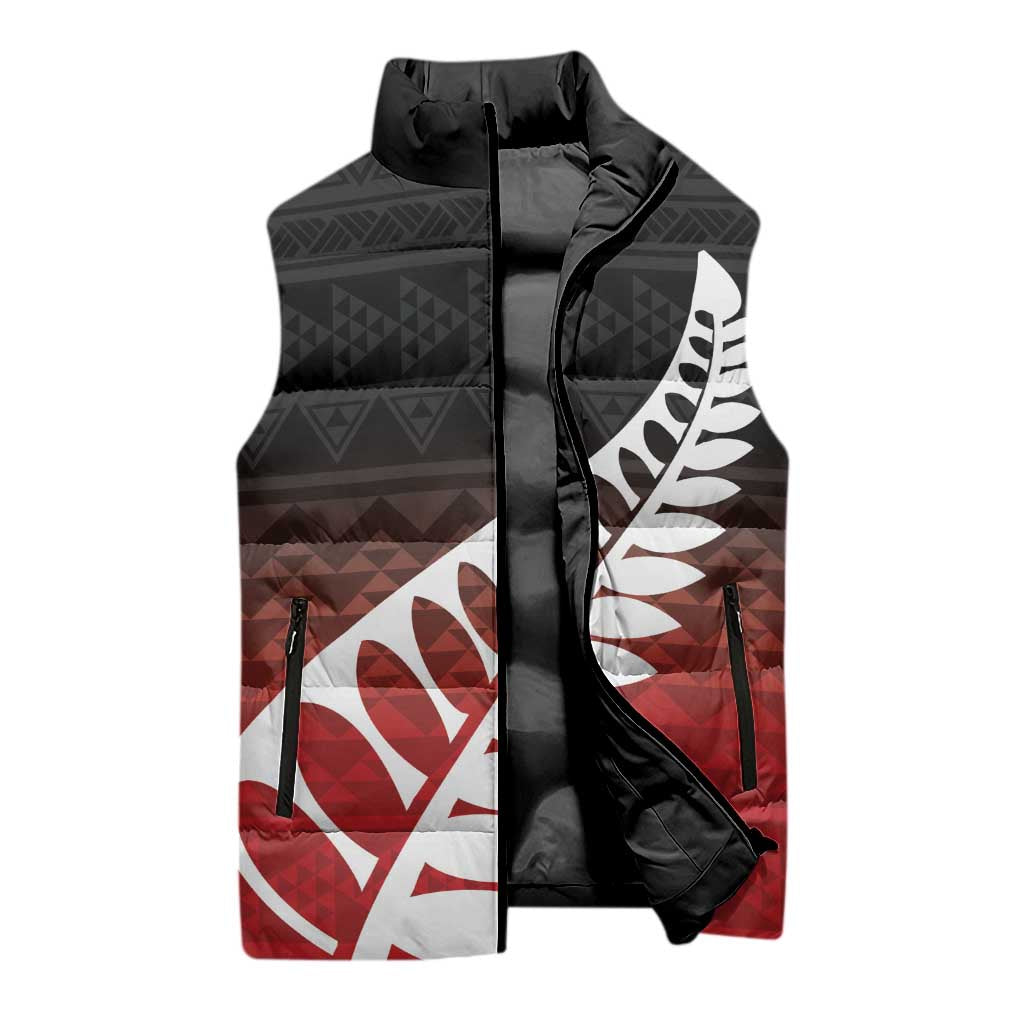 Red Silver Fern Spirit Taniko Tukutuku Personalised Sleeveless Puffer Jacket - Polynesian Pride