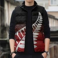 Red Silver Fern Spirit Taniko Tukutuku Personalised Sleeveless Puffer Jacket - Polynesian Pride