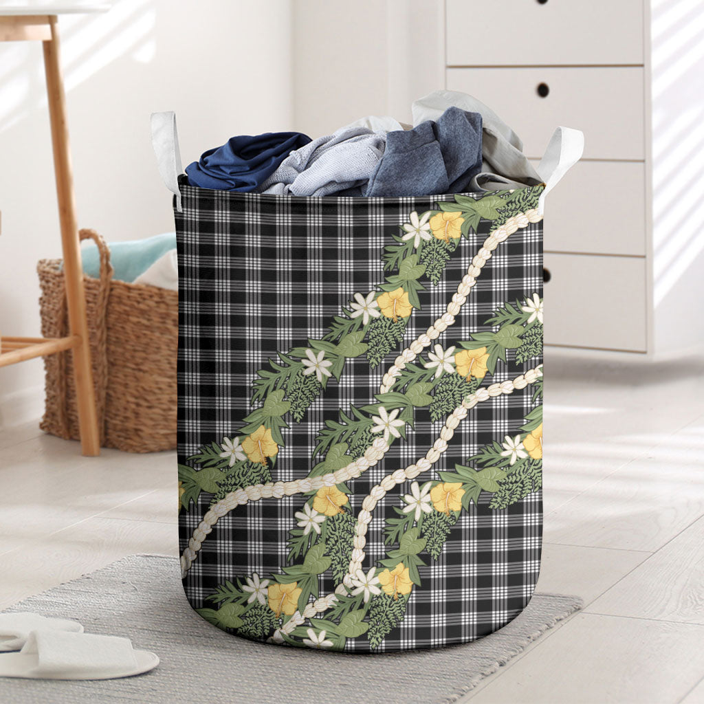 Aloha Puakenikeni Anthurium Pikake Lei Laundry Basket Black Hawaiian Palaka Pattern