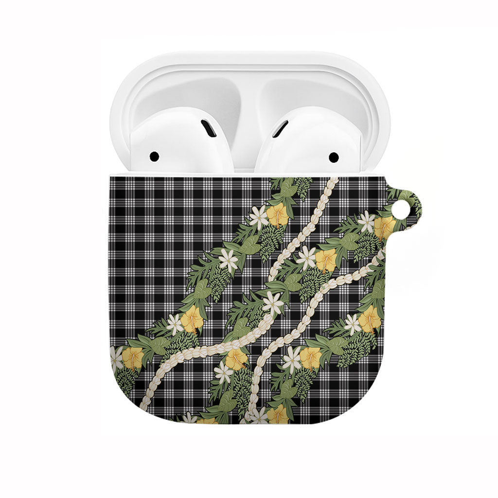Aloha Puakenikeni Anthurium Pikake Lei AirPods Case Black Hawaiian Palaka Pattern