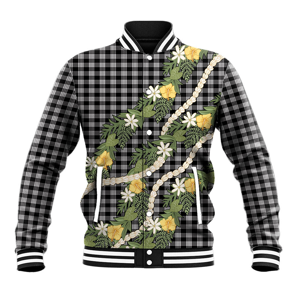 Aloha Puakenikeni Anthurium Pikake Lei Baseball Jacket Black Hawaiian Palaka Pattern