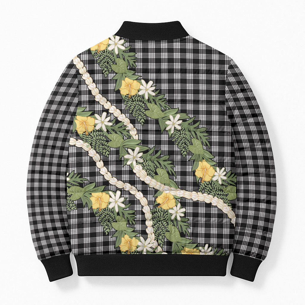 Aloha Puakenikeni Anthurium Pikake Lei Bomber Puffer Jacket Black Hawaiian Palaka Pattern