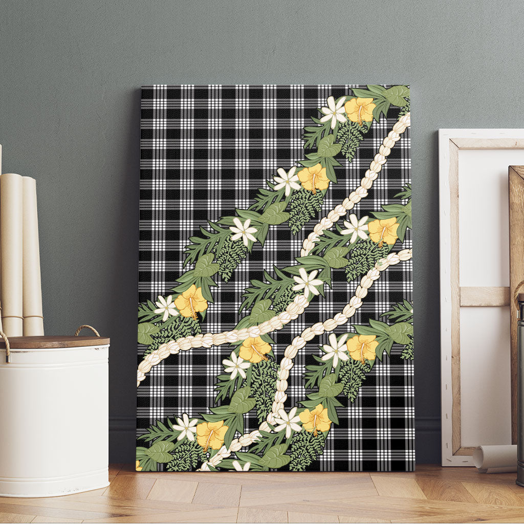 Aloha Puakenikeni Anthurium Pikake Lei Canvas Wall Art Black Hawaiian Palaka Pattern