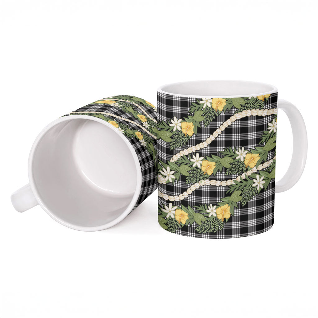 Aloha Puakenikeni Anthurium Pikake Lei Ceramic Mug Black Hawaiian Palaka Pattern