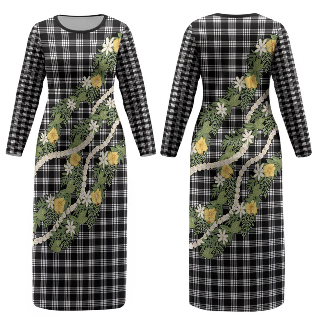 Aloha Puakenikeni Anthurium Pikake Lei Couples Matching Long Sleeve Bodycon Dress and Hawaiian Shirt Black Hawaiian Palaka Pattern LT9 - Polynesian Pride