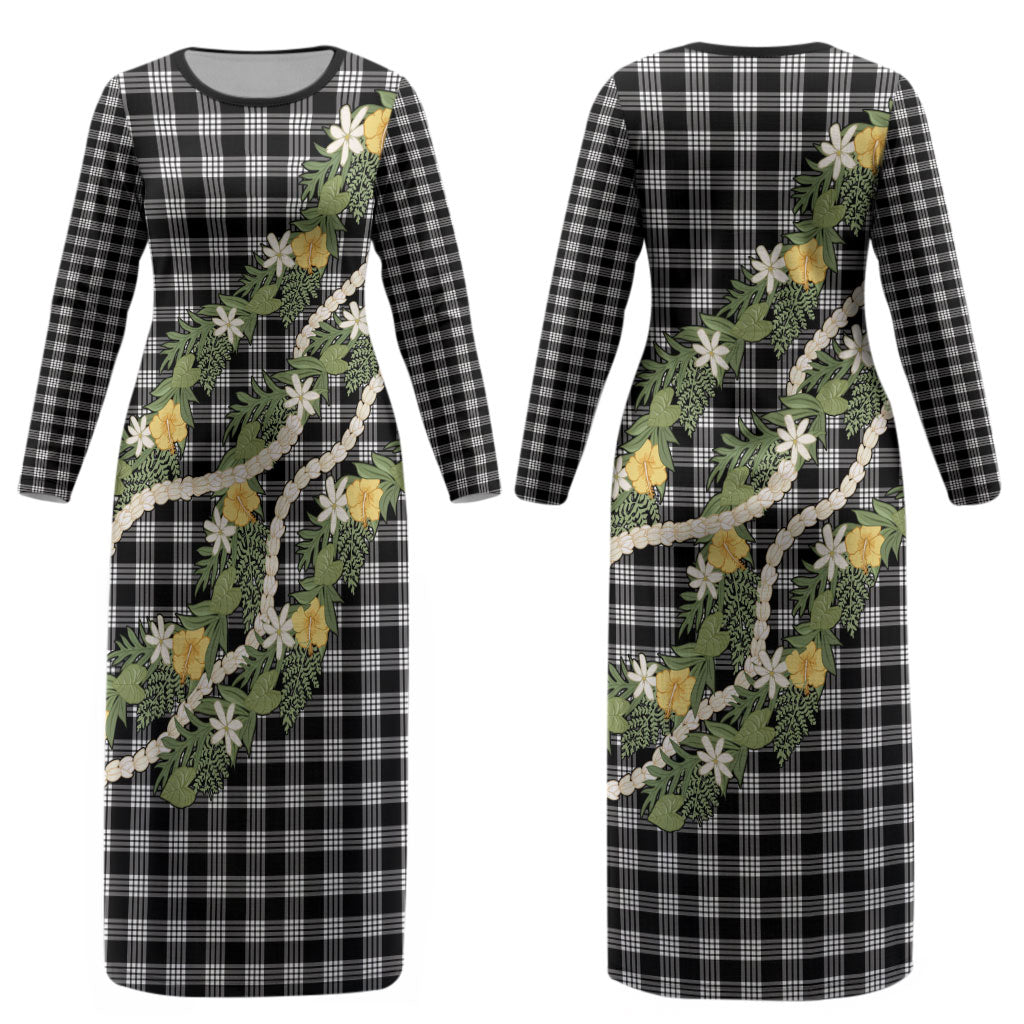 Aloha Puakenikeni Anthurium Pikake Lei Couples Matching Long Sleeve Bodycon Dress and Long Sleeve Button Shirt Black Hawaiian Palaka Pattern LT9 - Polynesian Pride