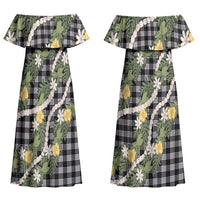 Aloha Puakenikeni Anthurium Pikake Lei Couples Matching Off Shoulder Maxi Dress and Hawaiian Shirt Black Hawaiian Palaka Pattern LT9 - Polynesian Pride