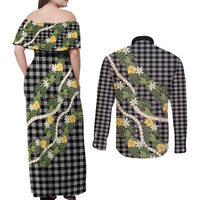 Aloha Puakenikeni Anthurium Pikake Lei Couples Matching Off Shoulder Maxi Dress and Long Sleeve Button Shirt Black Hawaiian Palaka Pattern