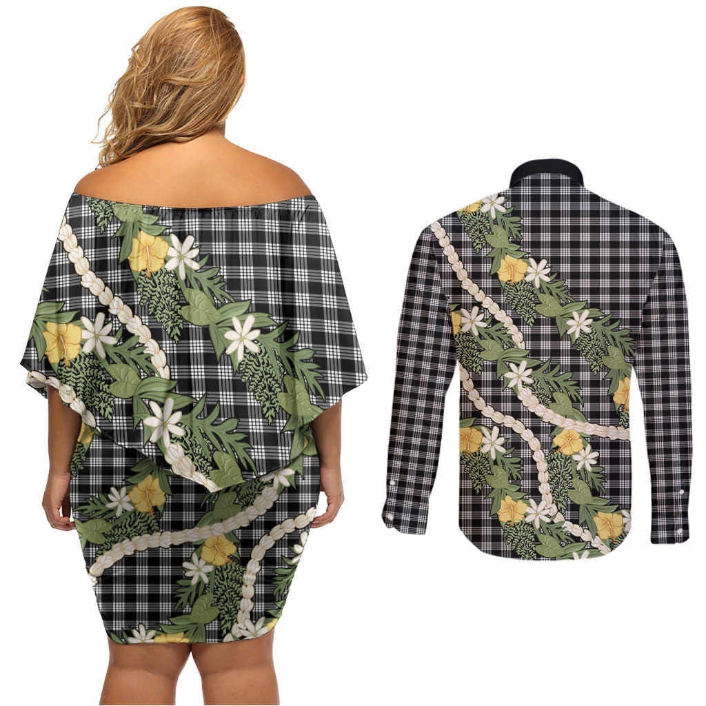 Aloha Puakenikeni Anthurium Pikake Lei Couples Matching Off Shoulder Short Dress and Long Sleeve Button Shirt Black Hawaiian Palaka Pattern
