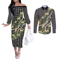 Aloha Puakenikeni Anthurium Pikake Lei Couples Matching Off The Shoulder Long Sleeve Dress and Long Sleeve Button Shirt Black Hawaiian Palaka Pattern