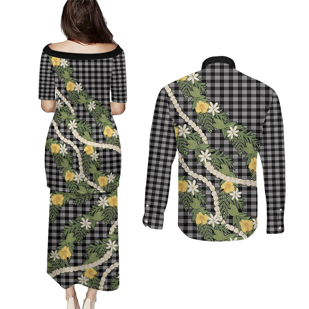 Aloha Puakenikeni Anthurium Pikake Lei Couples Matching Puletasi and Long Sleeve Button Shirt Black Hawaiian Palaka Pattern